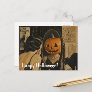 Cartão Postal Gato e mulher de Halloween vintage com Jackolanter