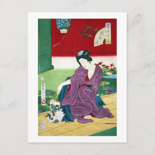 Cartão Postal Gato e Mulher, Kunichika, Ukiyo-e
