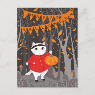 Cartão Postal Gato e Pumpkin de Jack-o'-lanterno bonitos do Hall