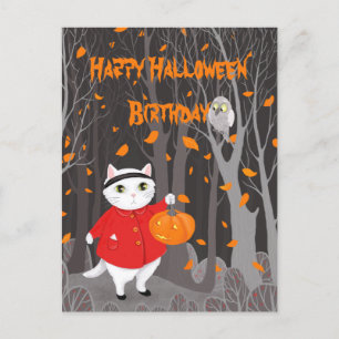 Cartão Postal Gato e Pumpkin de Jack-o'-lanterno bonitos do Hall