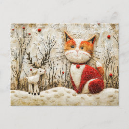 Cartão Postal Gato e Rena de Inverno Feito em Técnica de Feltro