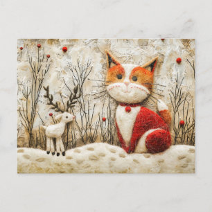 Cartão Postal Gato e Rena de Inverno Feito em Técnica de Feltro