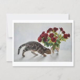 Cartão Postal Gato e Rosas vermelhas - Impressão de Pintura a Ól