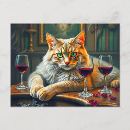Cartão Postal Gato Elegante com Óculos de Vinho Vermelho