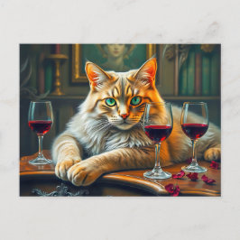 Cartão Postal Gato Elegante com Óculos de Vinho Vermelho