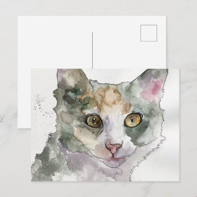 Cartão Postal Gato em Aquarela (Frente/Verso)