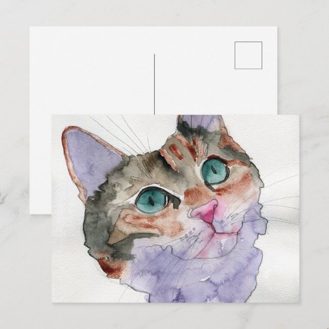 Cartão Postal Gato em Aquarela (Frente/Verso)