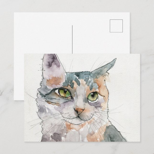 Cartão Postal Gato em Aquarela (Frente/Verso)