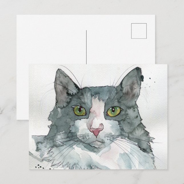 Cartão Postal Gato em Aquarela (Frente/Verso)