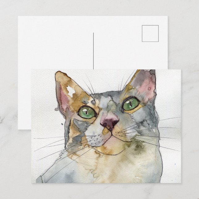 Cartão Postal Gato em Aquarela (Frente/Verso)