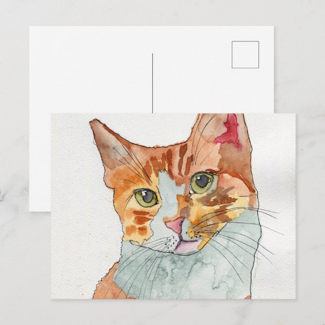 Cartão Postal Gato em Aquarela (Frente/Verso)
