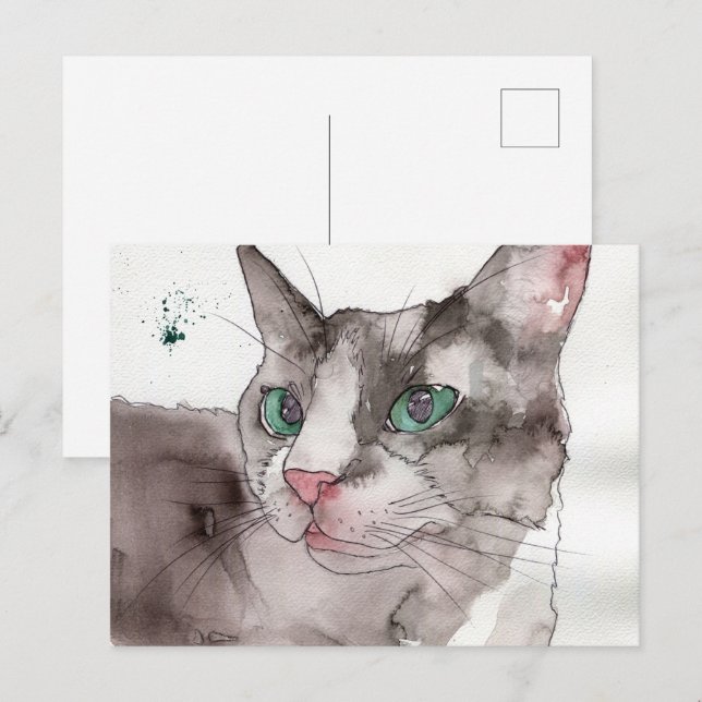 Cartão Postal Gato em Aquarela (Frente/Verso)