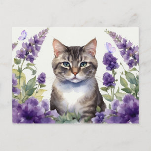 Cartão Postal Gato em aquarela com flores de lavanda 