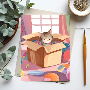 Cartão Postal Gato em Caixa de Papelão Gatinho Gato Aquarela