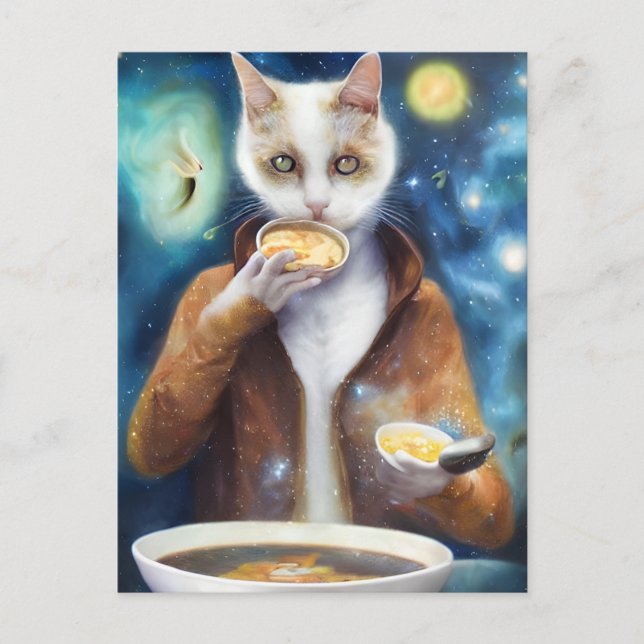 Cartão Postal Gato em macacão comendo sopa AI gerou arte (Frente)