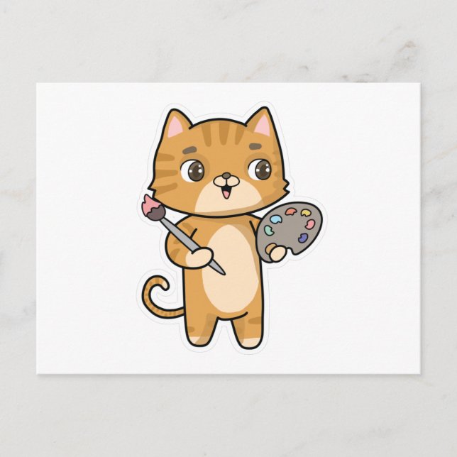Cartão Postal Gato em Pintura com Cor e Pincel (Frente)
