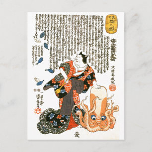 Cartão Postal Gato em Quimono, Polvo Kuniyoshi Arte Japonês Fino