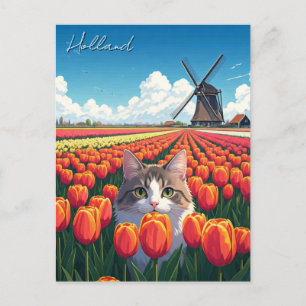 Cartão Postal Gato em Tulip Fields Holanda