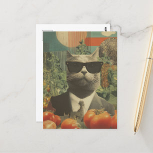 Cartão Postal Gato em um terno em um jardim de tomate