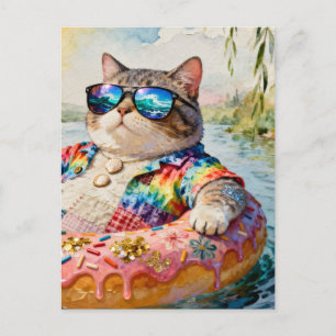 Cartão Postal Gato em uma Viagem de Flutuação