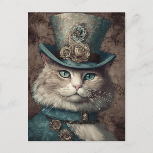 Cartão Postal Gato em uma Vintage Tophat Steampunk (Frente)