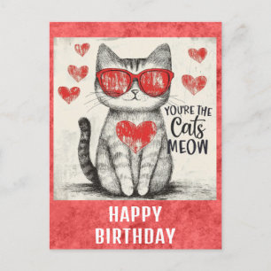 Cartão Postal Gato Engraçado Feliz Aniversário Corações