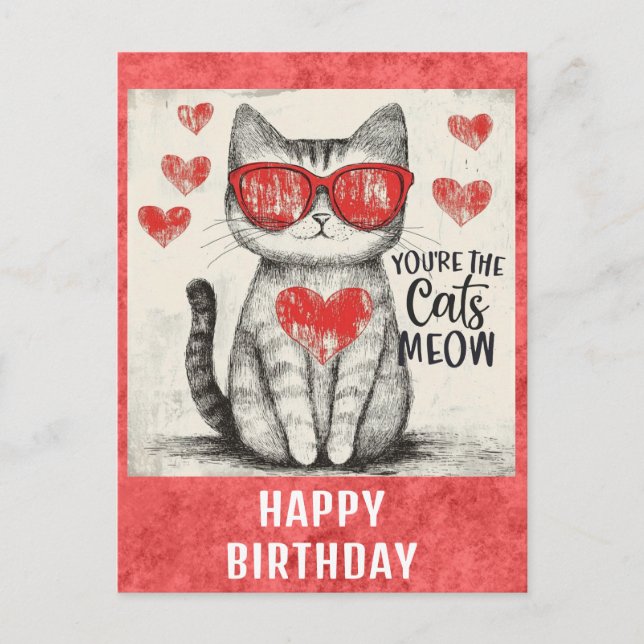 Cartão Postal Gato Engraçado Fofo Aniversário Corações (Frente)
