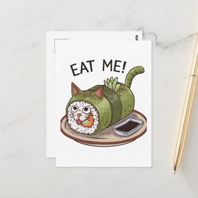 Cartão Postal Gato Engraçado Moldou Roll Sushi (Frente/Verso In Situ)