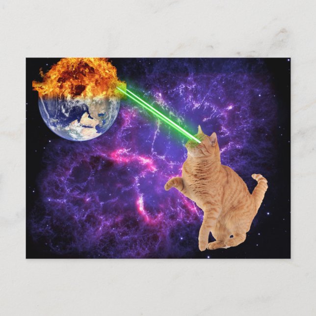 Cartão Postal Gato Engraçado no Espaço Galáxia Laser Terra (Frente)