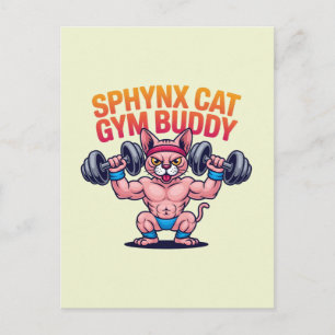 Cartão Postal Gato Esfinge Musculoso Parceiro de Academia Cartoo