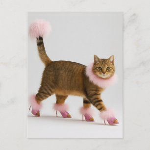 Cartão Postal Gato Estiloso em Saltos Rosa e Glamour Fofinho
