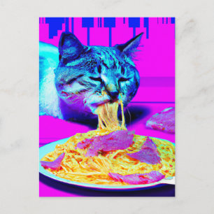 Cartão Postal Gato Estranho Comendo Espaguete com conteúdo genér