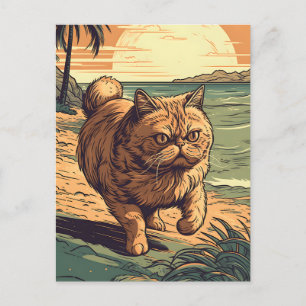 Cartão Postal Gato exótico-de-costa numa praia tropical
