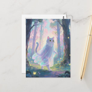 Cartão Postal Gato Fantasma Adorável em uma Floresta