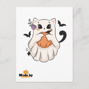 Cartão Postal Gato Fantasma Bonito com Pumpkin Spooky Hallowee
