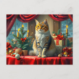 Cartão Postal Gato Festivo com Decorações de Natal