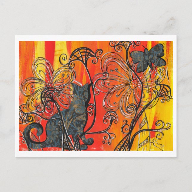 Cartão Postal Gato Flor e Borboleta (Frente)