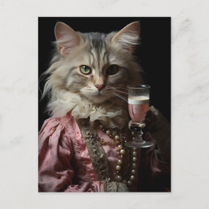 Cartão Postal Gato Fofo Adorável e Champanhe Rosa