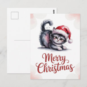 Cartão Postal Gato Fofo Chapéu de Papai Noel Natal Alegre Invern