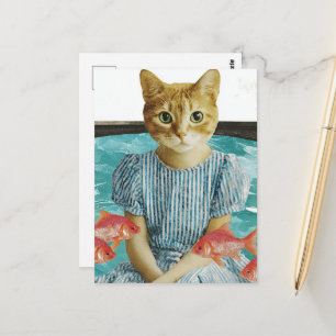 Cartão Postal Gato Fofo Com Colagem Retro De Peixe Dourado