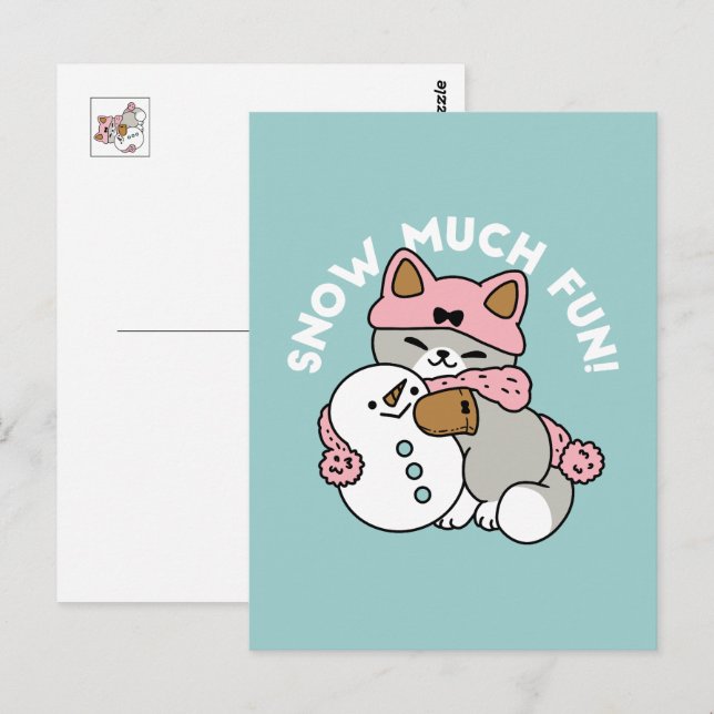 Cartão Postal Gato Fofo com Equipamento de Neve e Arte de Boneco (Frente/Verso)