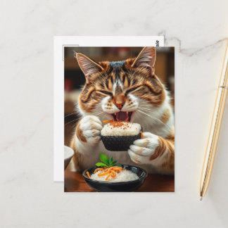 Cartão Postal Gato Fofo Comendo Rolinho de Sushi