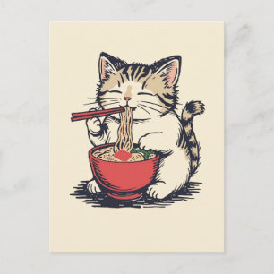 Cartão Postal Gato fofo da moda comendo ramen Japonês 
