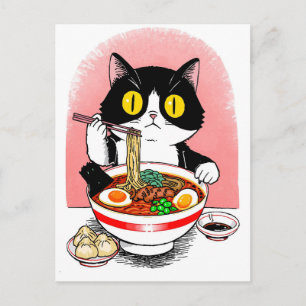 Cartão Postal Gato fofo da moda comendo ramen Japonês