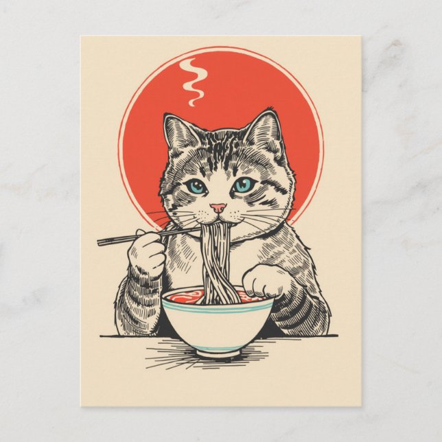 Cartão Postal Gato fofo da moda comendo ramen Japonês  (Frente)