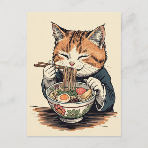 Cartão Postal Gato fofo da moda comendo ramen Japonês 