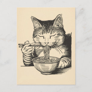 Cartão Postal Gato fofo da moda comendo ramen Japonês 