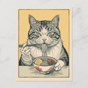 Cartão Postal Gato fofo da moda comendo ramen Japonês 