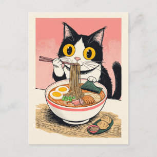 Cartão Postal Gato fofo da moda comendo ramen Japonês 