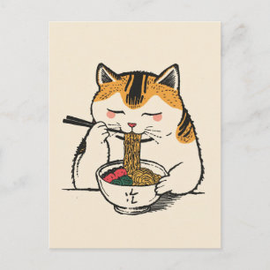 Cartão Postal Gato fofo da moda comendo ramen Japonês